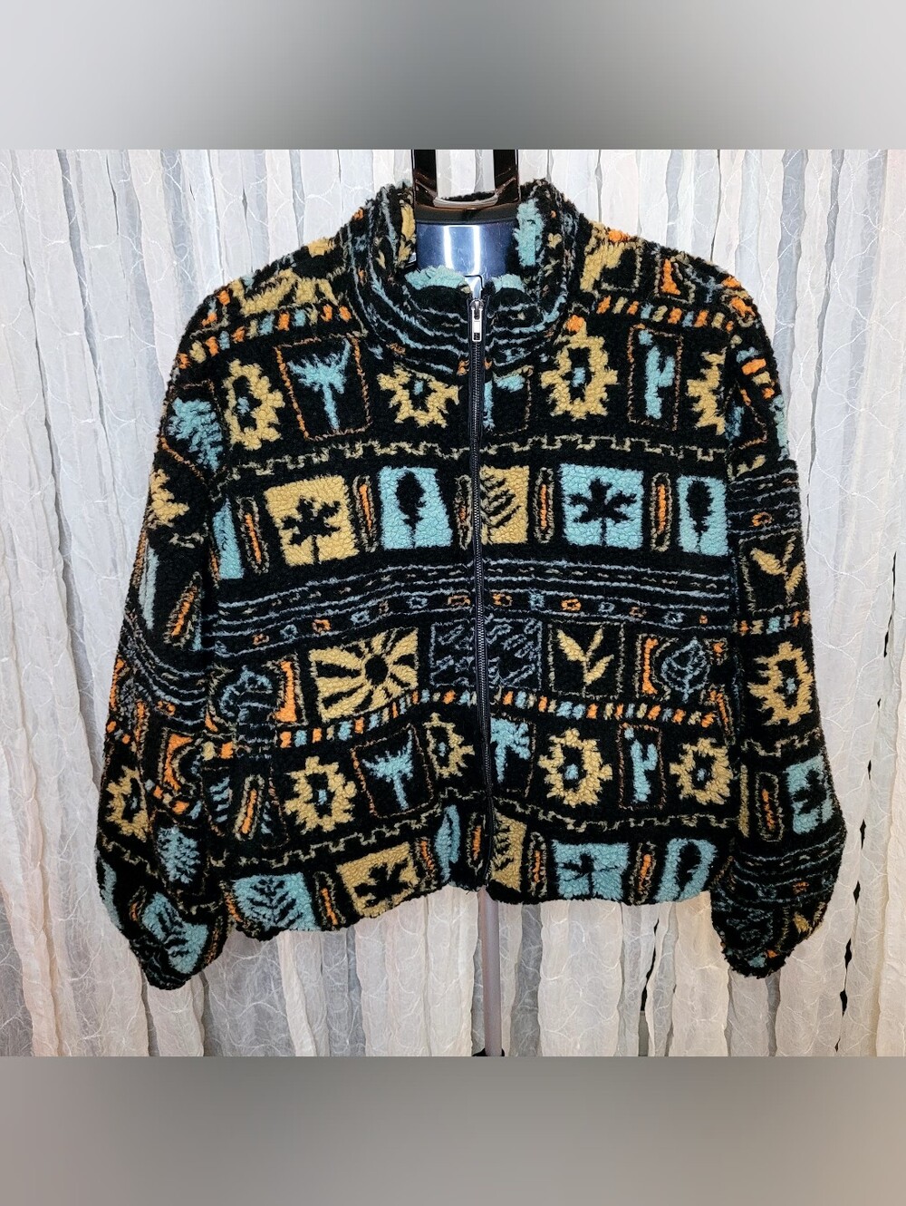 Butter Melon Aztec Abstract Sherpa Fleece Lined Zip Jacket Bomber L